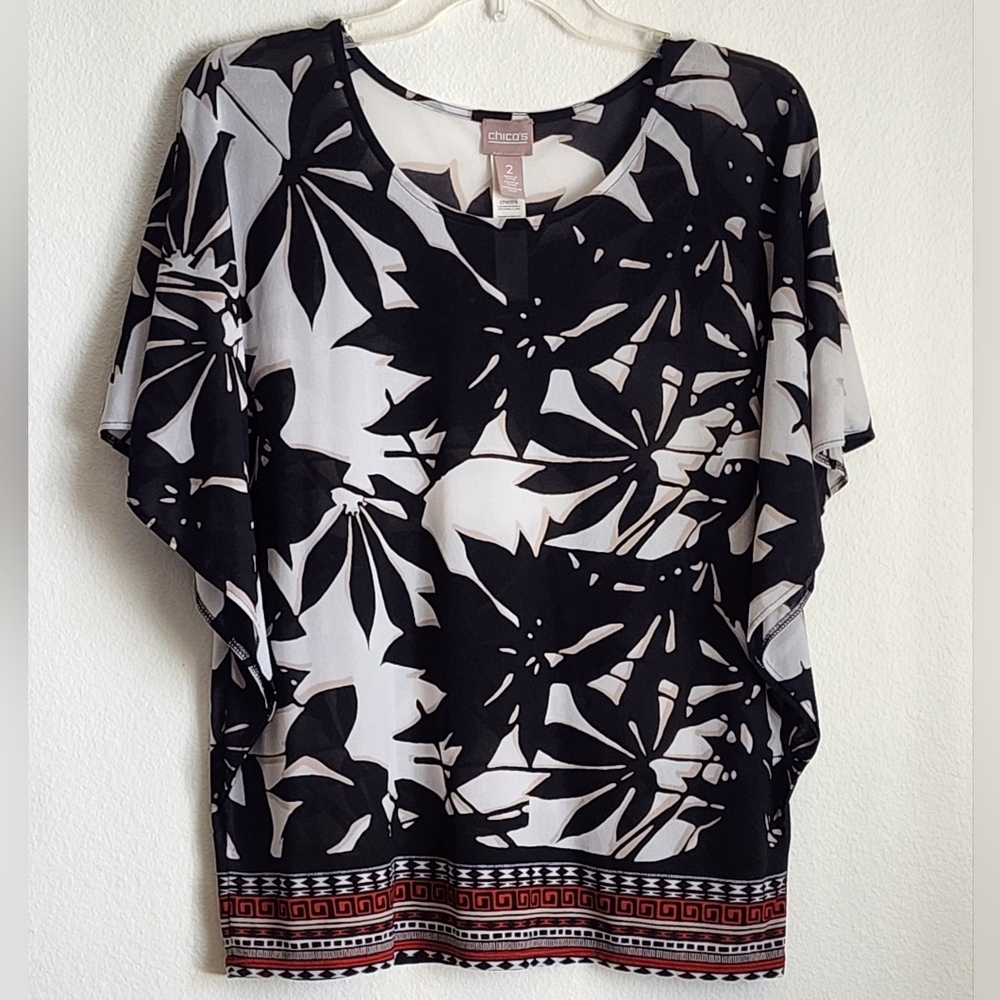 Chico’s Women's Pullover White/Black Leaf Print Top Dolman Sleeve Sz 2